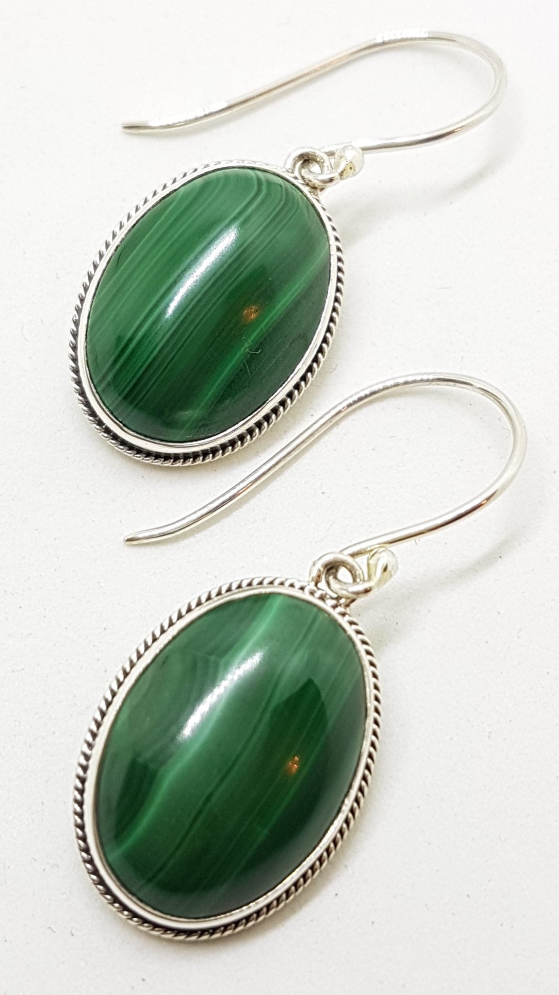 Sterling Silver Large Oval Malachite Drop Earrings