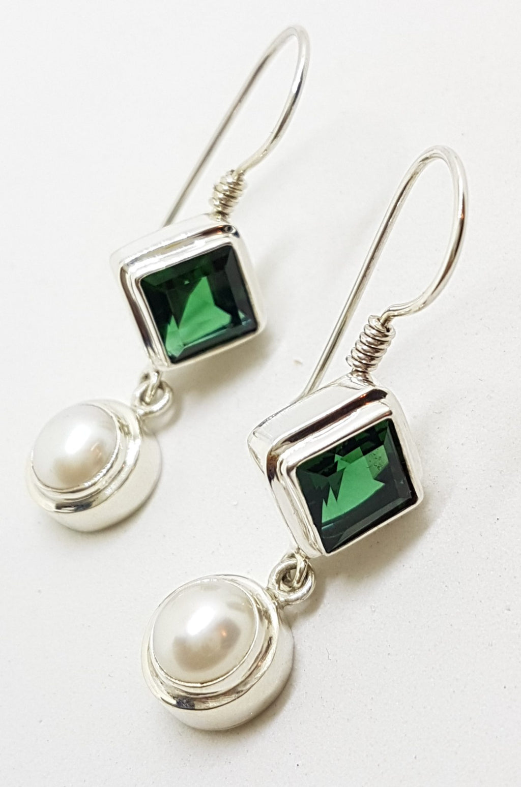Sterling Silver Square Green Quartz and Pearl Long Drop Earrings