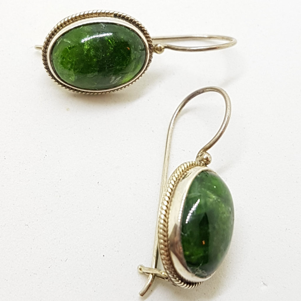 Sterling Silver Oval Green Diopside Drop Earrings
