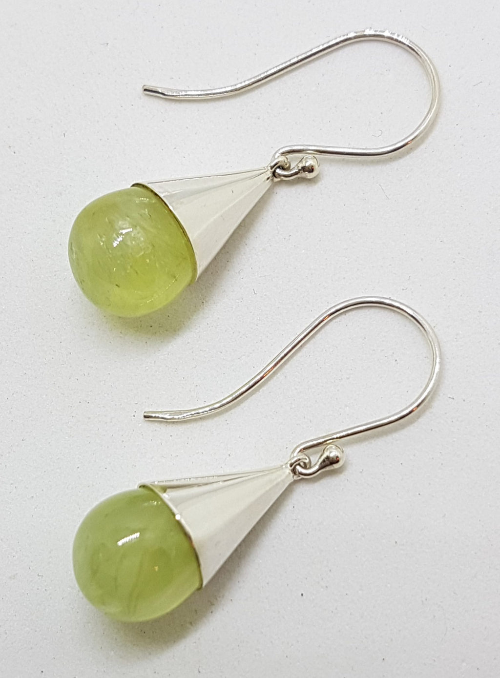 Sterling Silver Prehnite Ball in Teardrop Cone Drop Earrings