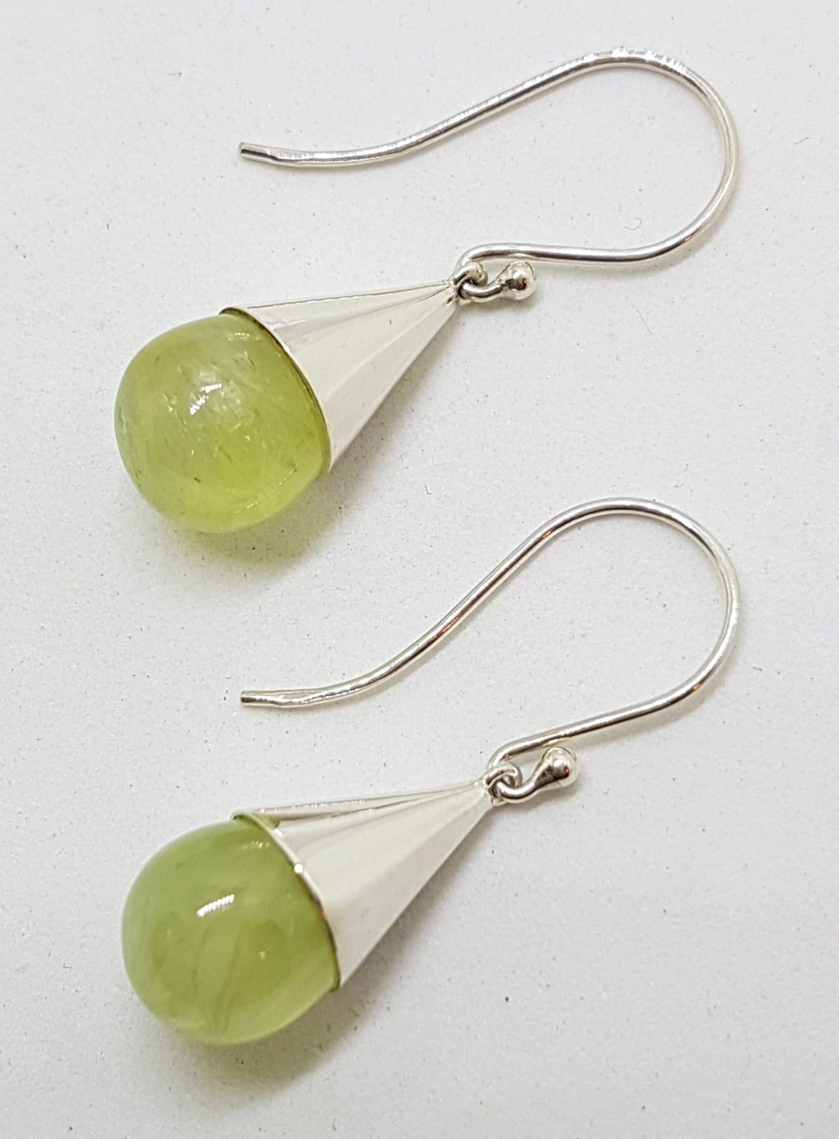Sterling Silver Prehnite Ball in Teardrop Cone Drop Earrings