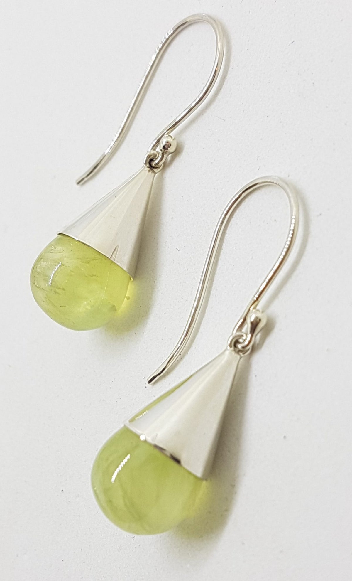 Sterling Silver Prehnite Ball in Teardrop Cone Drop Earrings