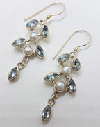 Sterling Silver Blue Topaz and Pearl Long Leaf Design Drop Earrings