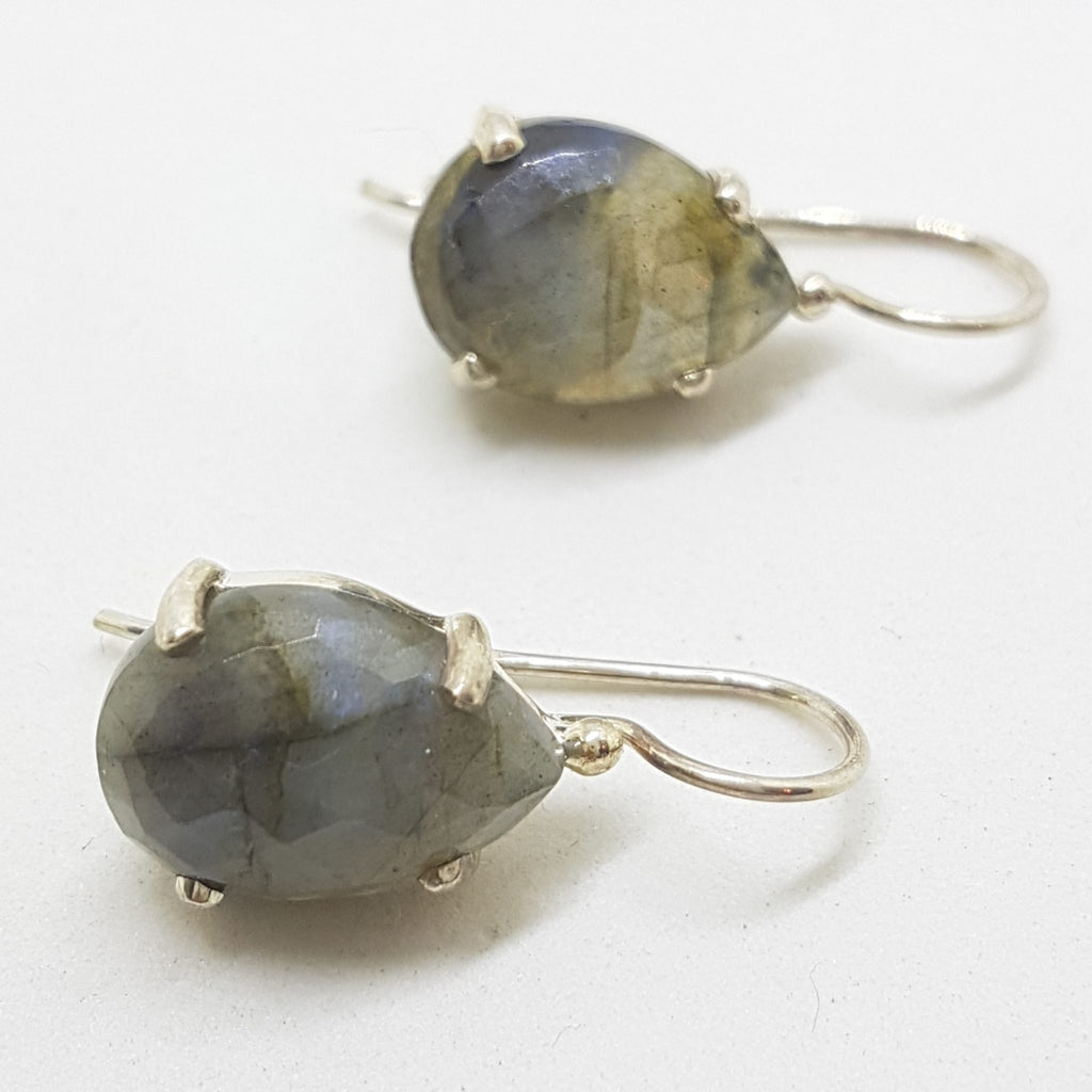 Sterling Silver Teardrop / Pear Shape Faceted Labradorite Drop Earrings - Claw Set