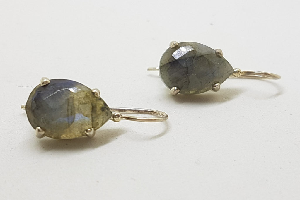 Sterling Silver Teardrop / Pear Shape Faceted Labradorite Drop Earrings - Claw Set