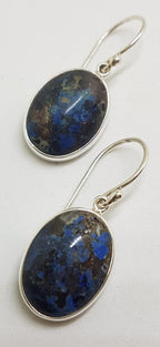 Sterling Silver Large Oval Bezel Set Azurite Drop Earrings