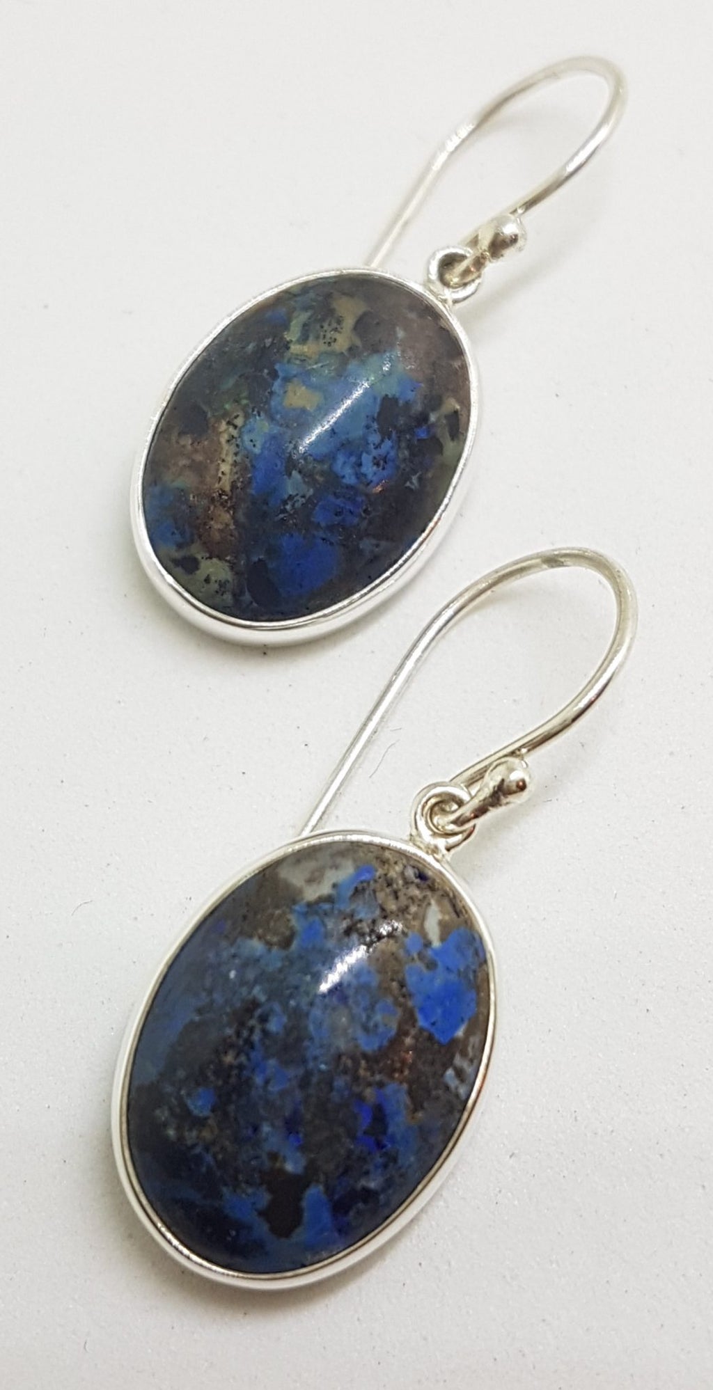 Sterling Silver Large Oval Bezel Set Azurite Drop Earrings