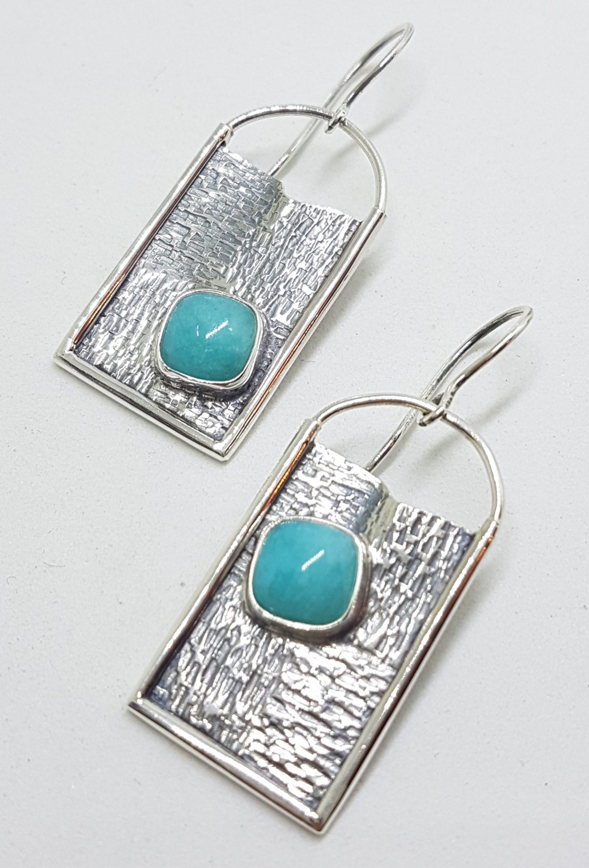 Sterling Silver Amazonite Large Unusual Rectangular Drop Earrings