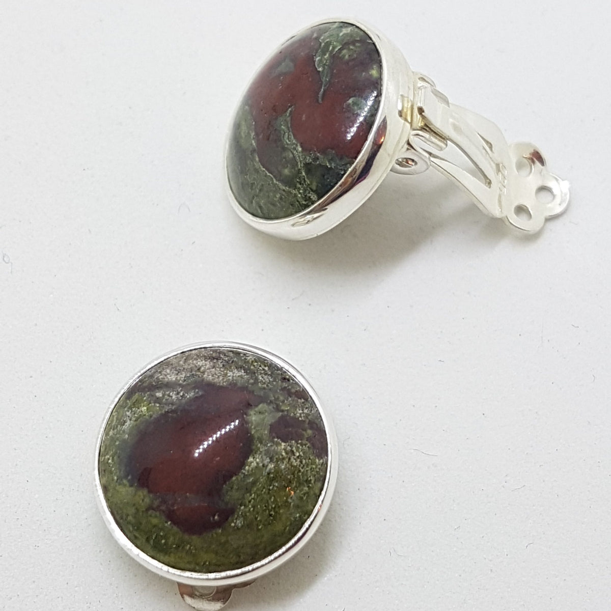 Sterling Silver Round Clip-On Earrings - Dragon Blood Jasper
