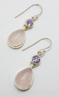 Sterling Silver Cabochon Cut Rose Quartz and Amethyst Drop Earrings