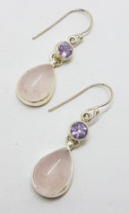 Sterling Silver Cabochon Cut Rose Quartz and Amethyst Drop Earrings