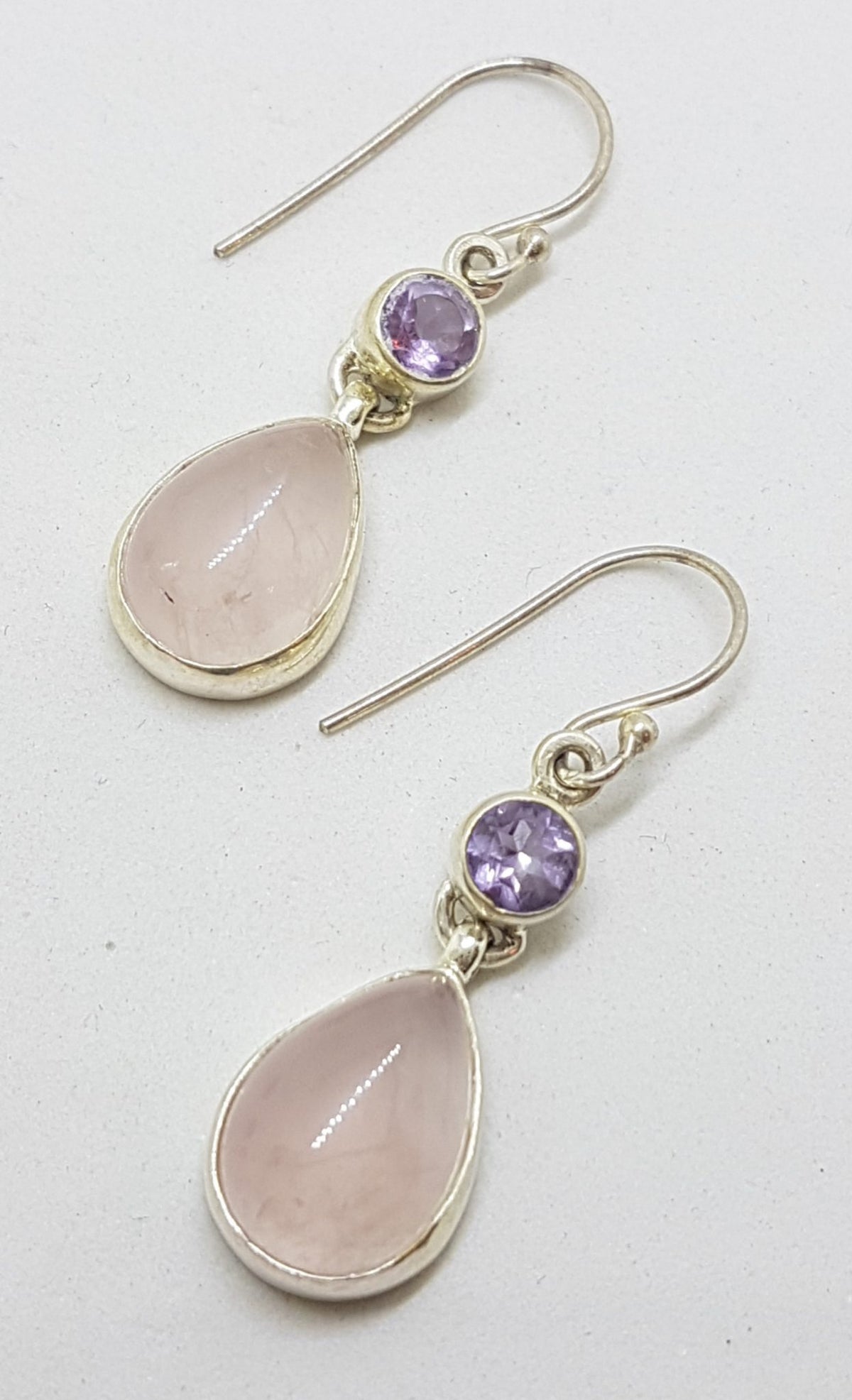 Sterling Silver Cabochon Cut Rose Quartz and Amethyst Drop Earrings