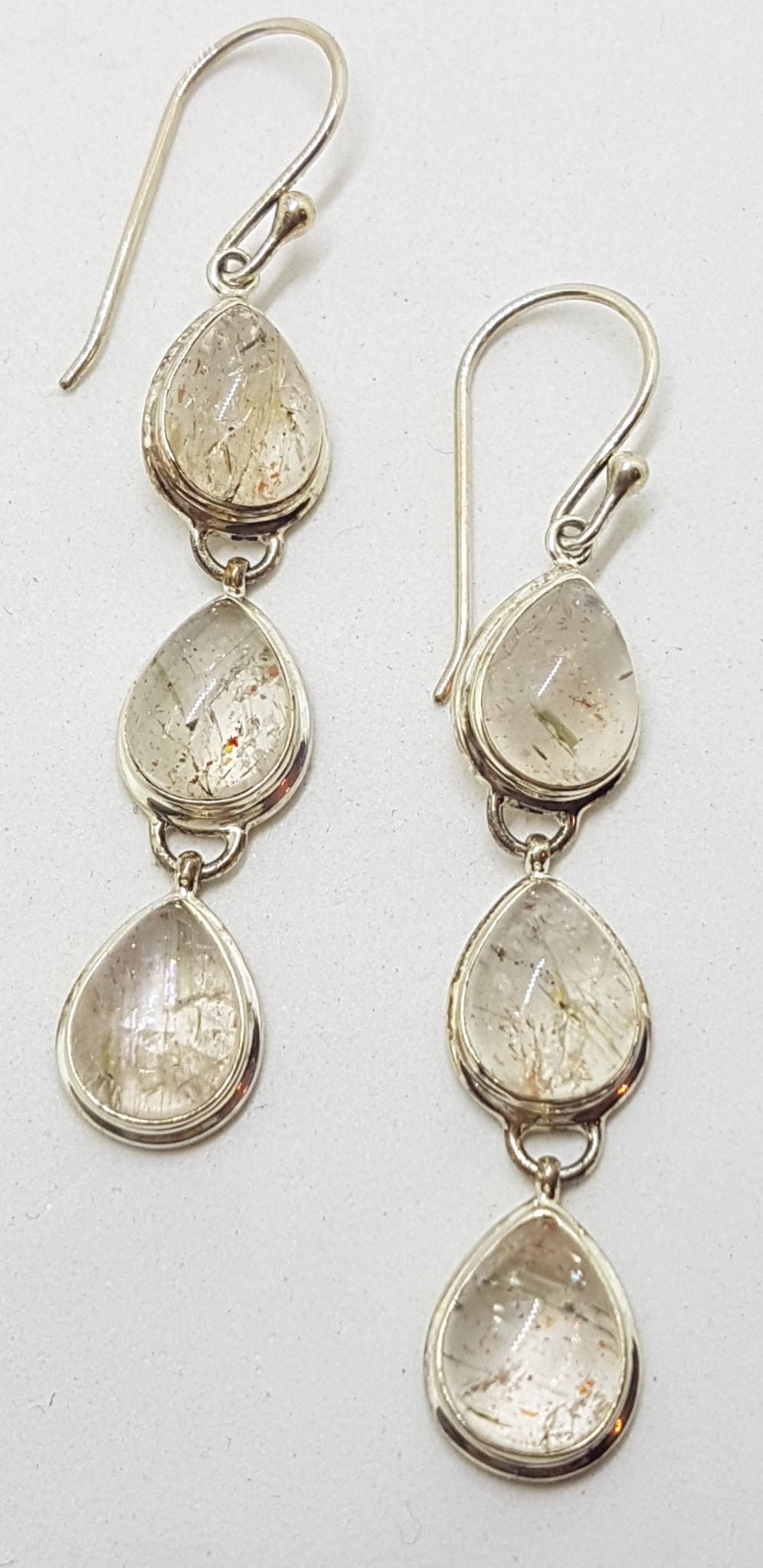 Sterling Silver Pear Shape / Teardrop Sunstone Long Drop Earrings