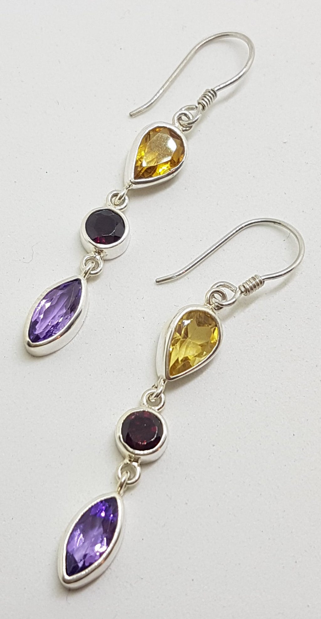 Sterling Silver Multi-Colour Gemstones Long Drop Earrings - Amethyst, Citrine &amp; Garnet