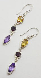 Sterling Silver Multi-Colour Gemstones Long Drop Earrings - Amethyst, Citrine &amp; Garnet