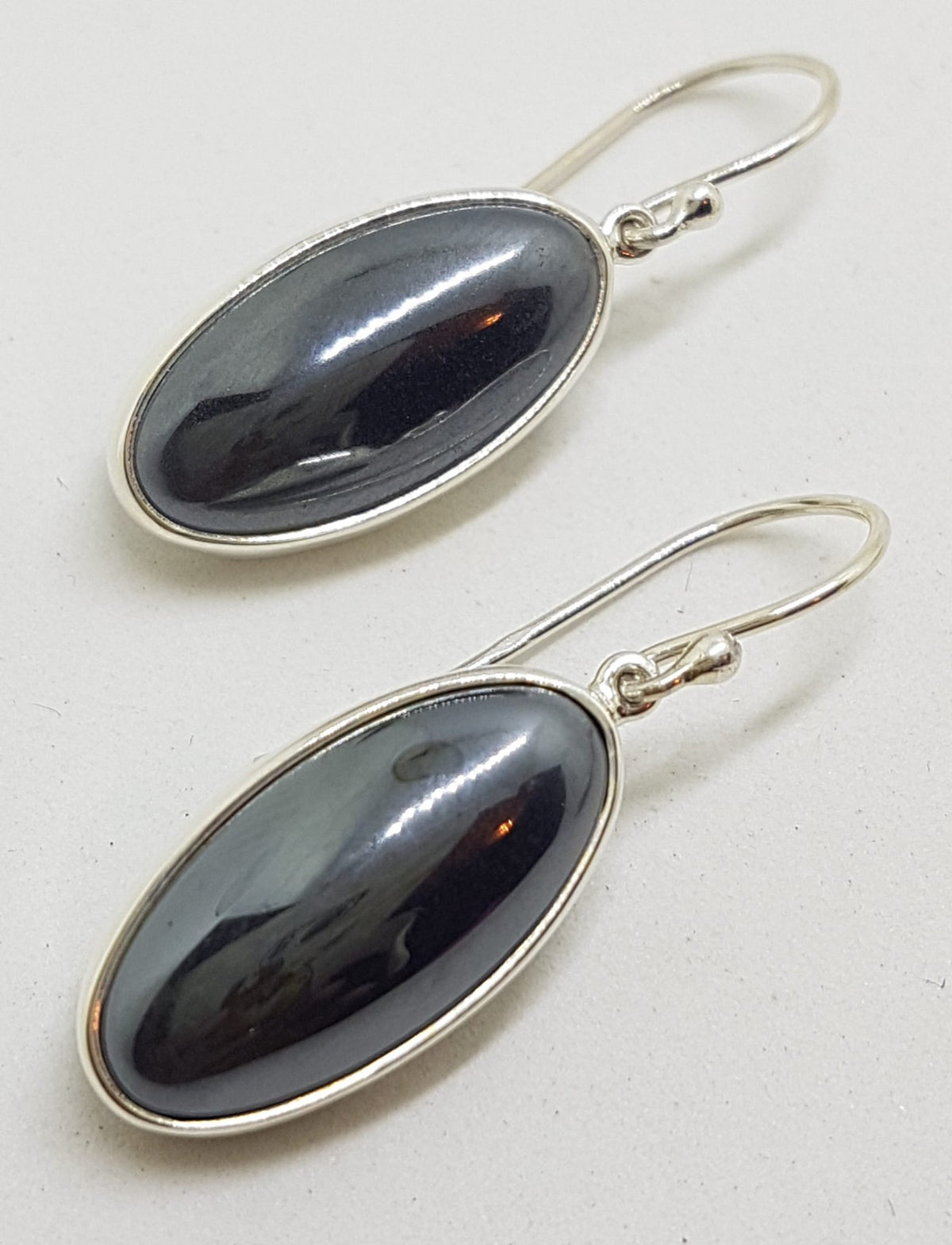 Sterling Silver Oval Hematite Iron Ore Large Drop Earrings - Bezel Set