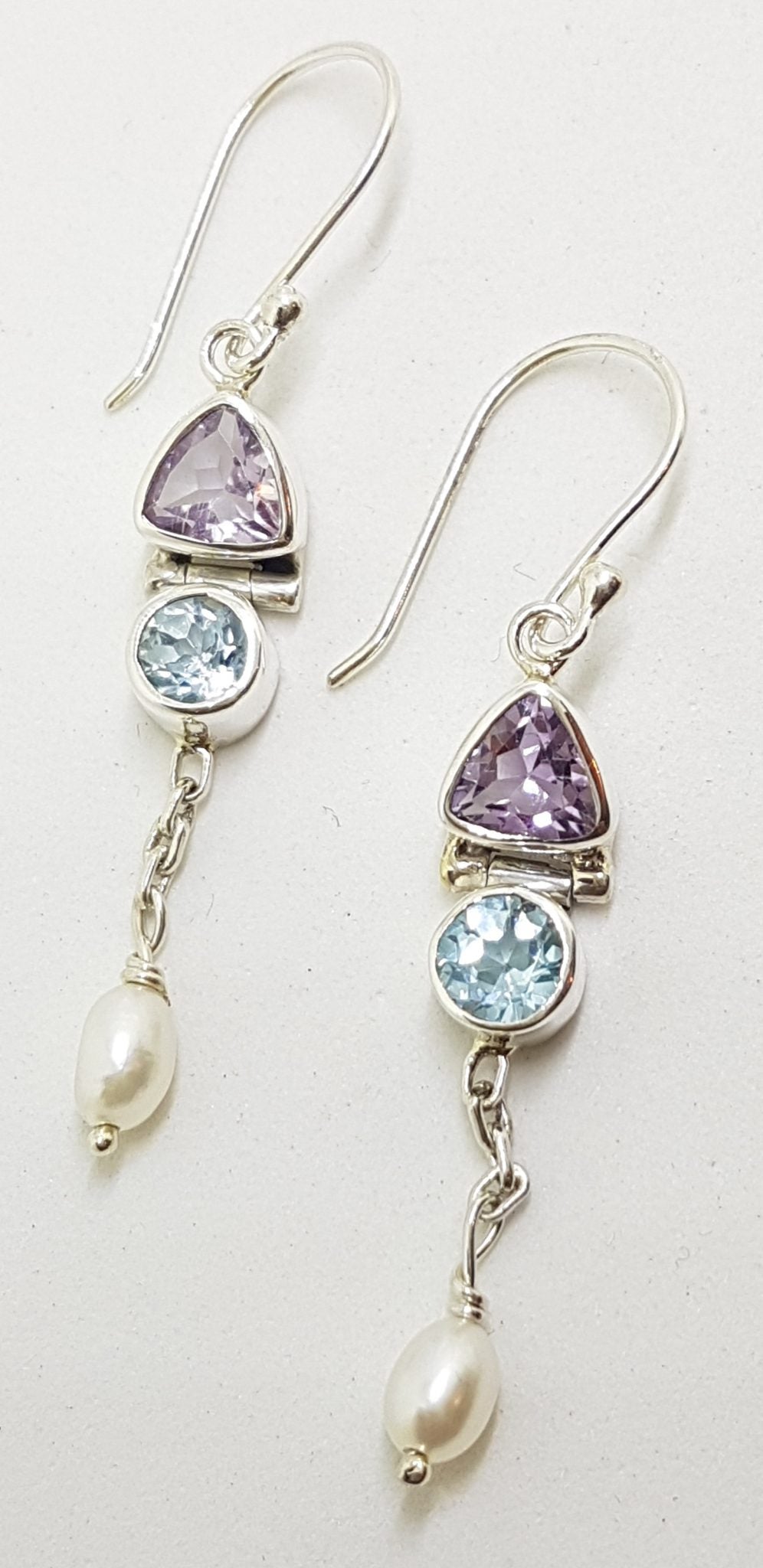 Sterling Silver Amethyst, Topaz &amp; Pearl Long Earrings