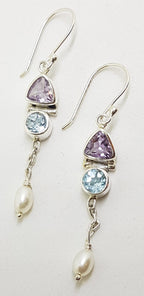 Sterling Silver Amethyst, Topaz &amp; Pearl Long Earrings