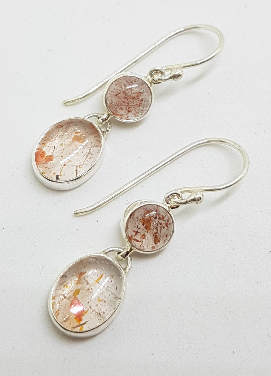Sterling Silver Oval &amp; Round Sunstone Long Drop Earrings