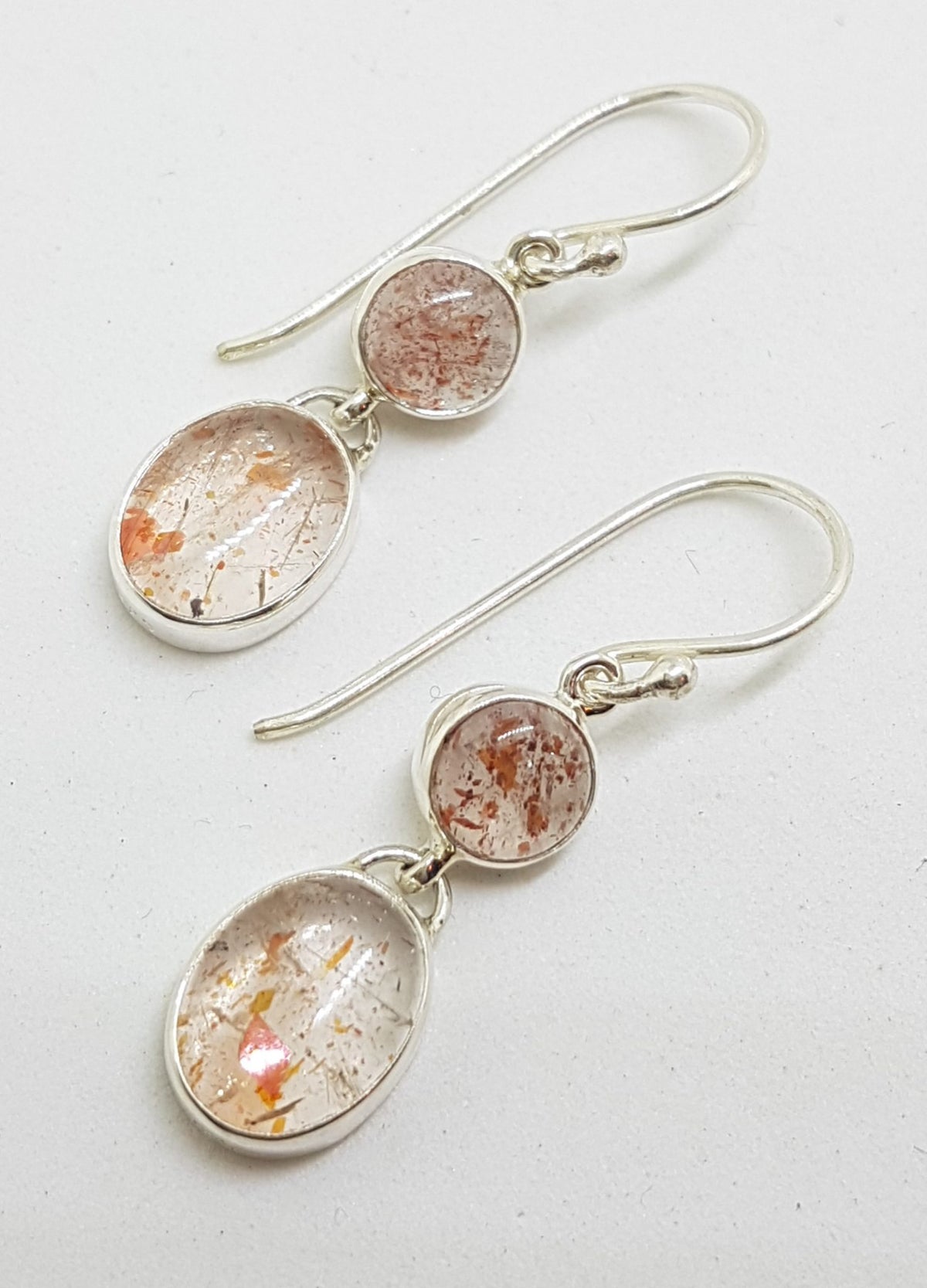 Sterling Silver Oval &amp; Round Sunstone Long Drop Earrings