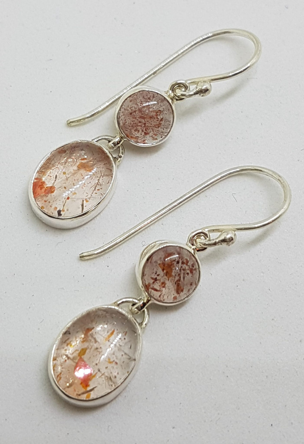 Sterling Silver Oval &amp; Round Sunstone Long Drop Earrings