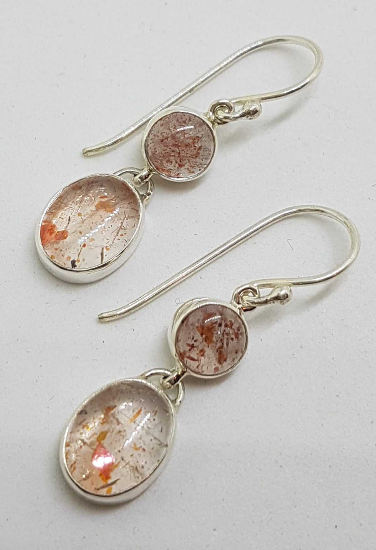 Sterling Silver Oval &amp; Round Sunstone Long Drop Earrings