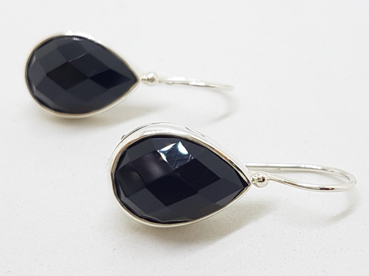 Sterling Silver Faceted Onyx Teardrop / Pear Shape Bezel Set Earrings