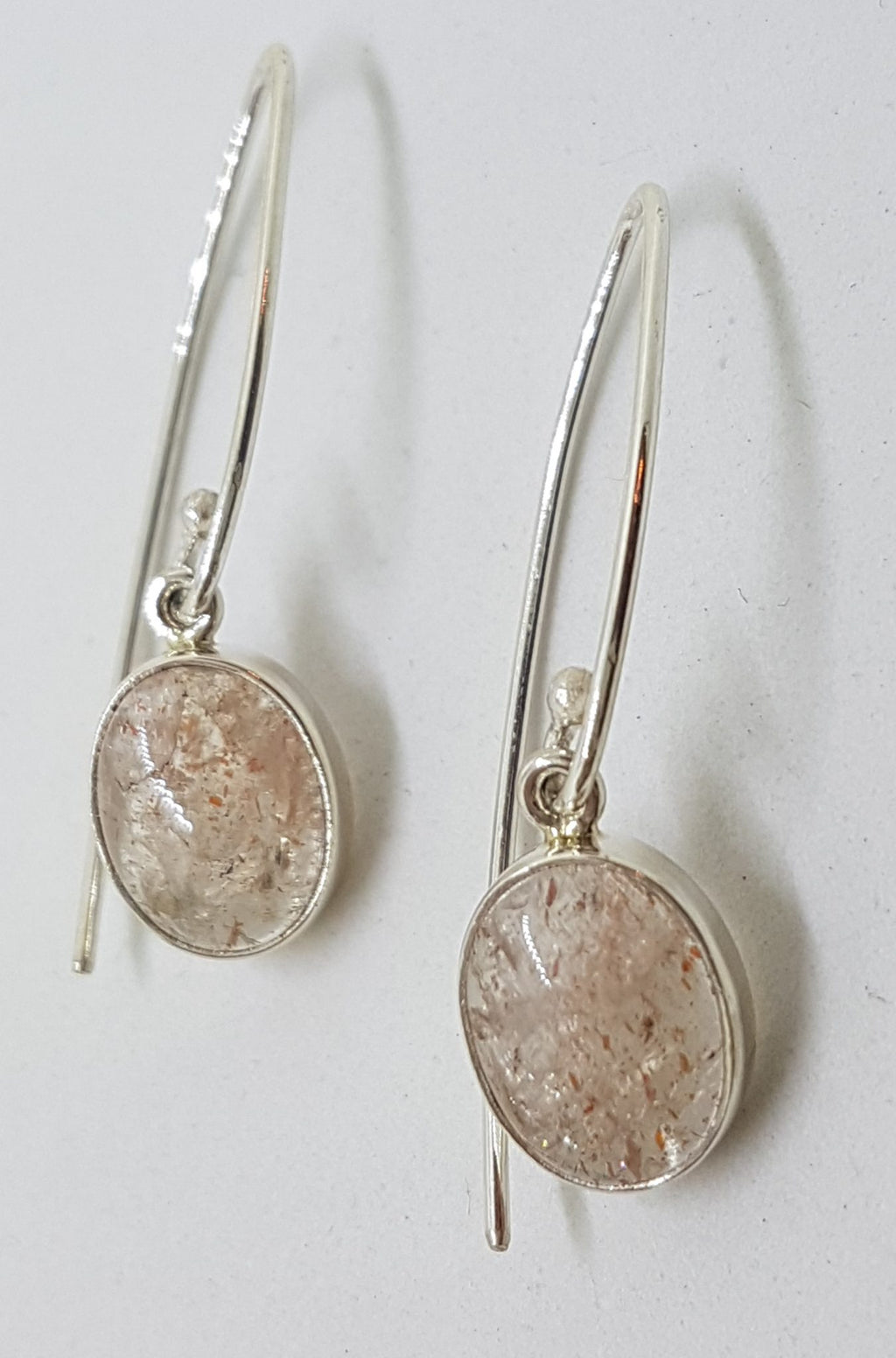 Sterling Silver Oval Sunstone Bezel Set Long Drop Earrings