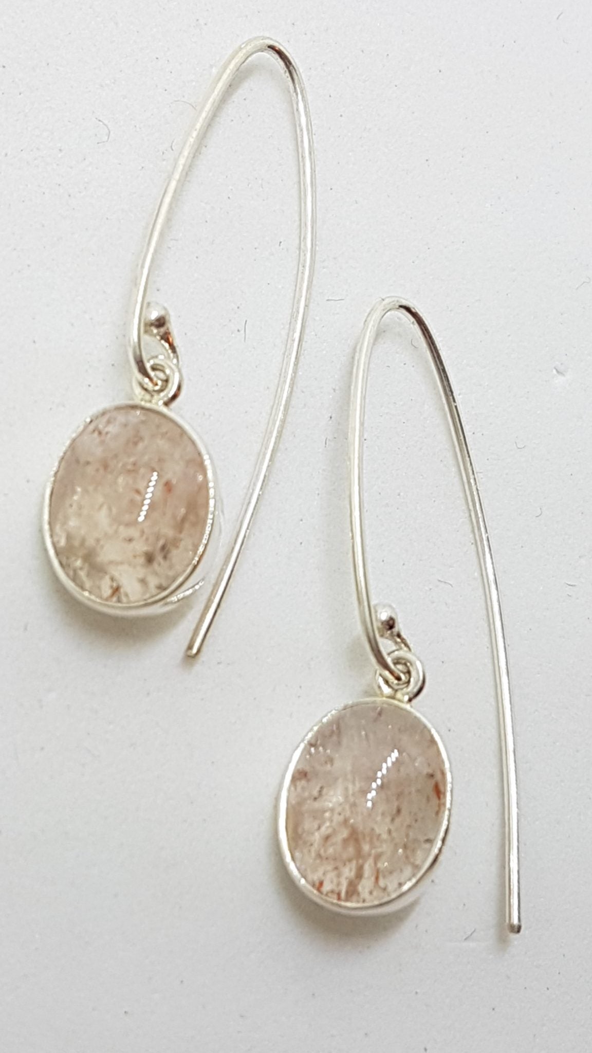 Sterling Silver Oval Sunstone Bezel Set Long Drop Earrings