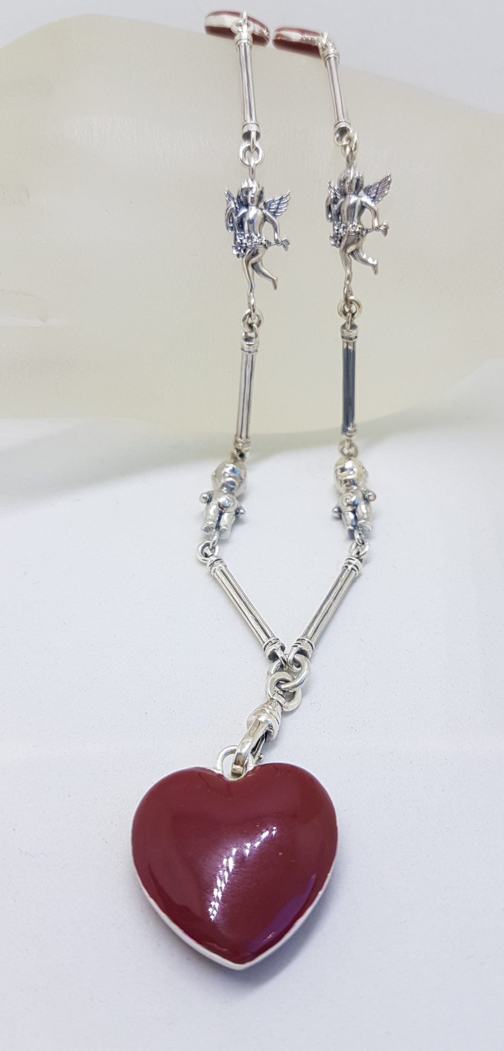 Sterling Silver Red Enamel Heart, Cupid and Cupie Doll Heavy Fob Style Necklace