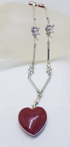Sterling Silver Red Enamel Heart, Cupid and Cupie Doll Heavy Fob Style Necklace