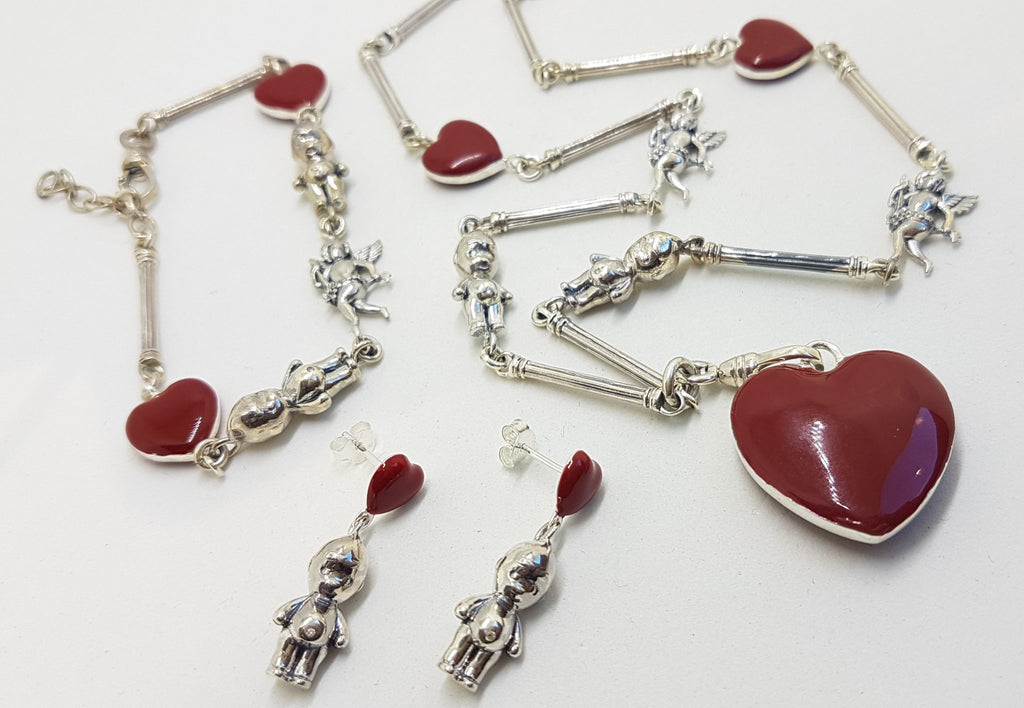 Sterling Silver Red Enamel Heart, Cupid and Cupie Doll Heavy Fob Style Necklace