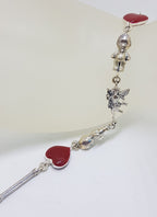 Sterling Silver Red Enamel Heart, Cupid and Cupie Doll Heavy Bracelet