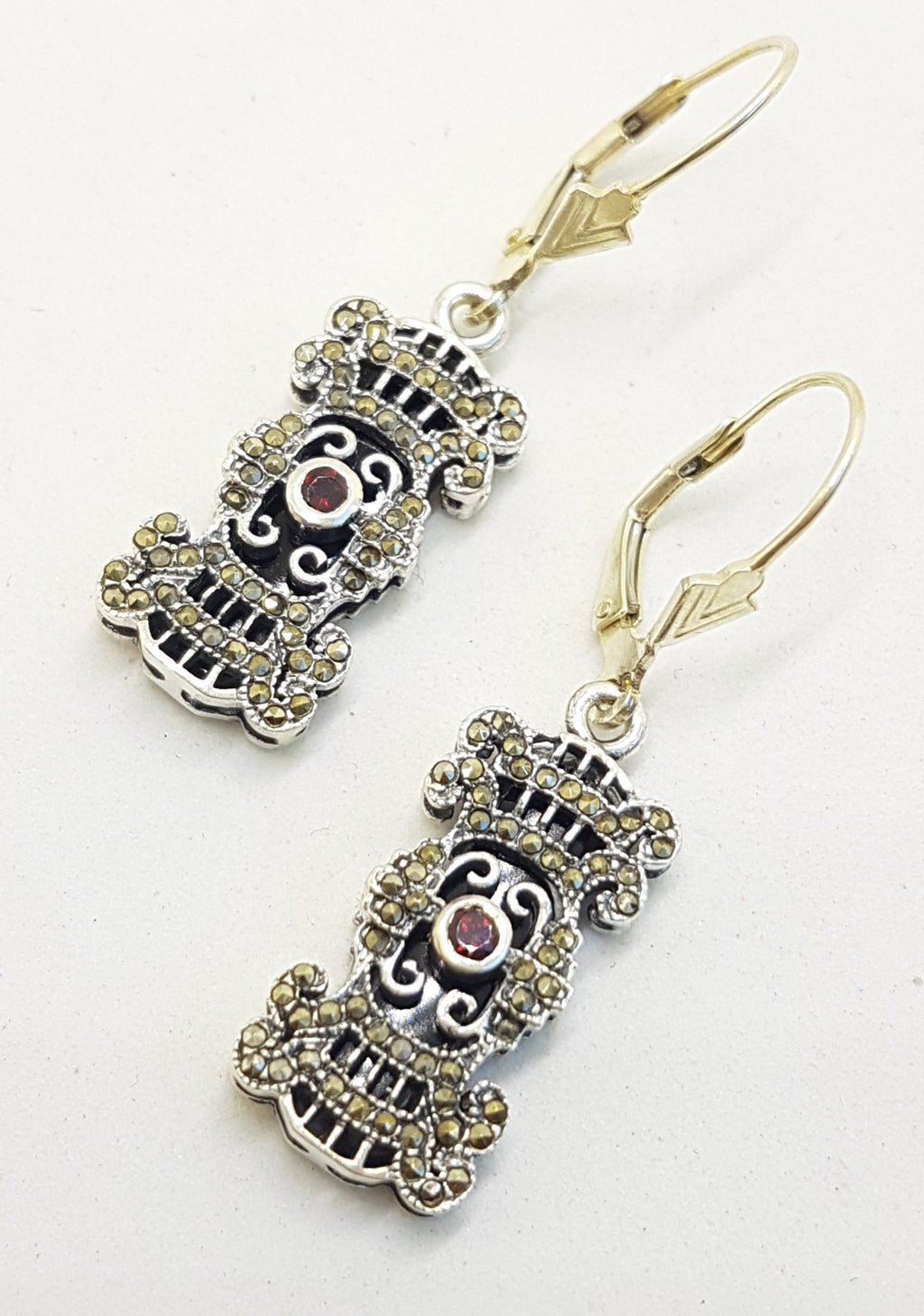 Sterling Silver Marcasite, Onyx and Garnet Ornate Rectangular Drop Earrings