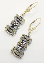 Sterling Silver Marcasite, Onyx and Garnet Ornate Rectangular Drop Earrings