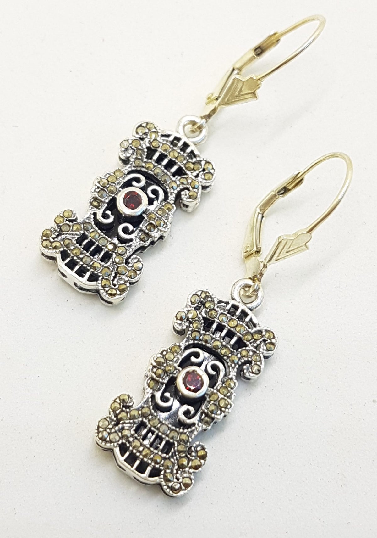 Sterling Silver Marcasite, Onyx and Garnet Ornate Rectangular Drop Earrings