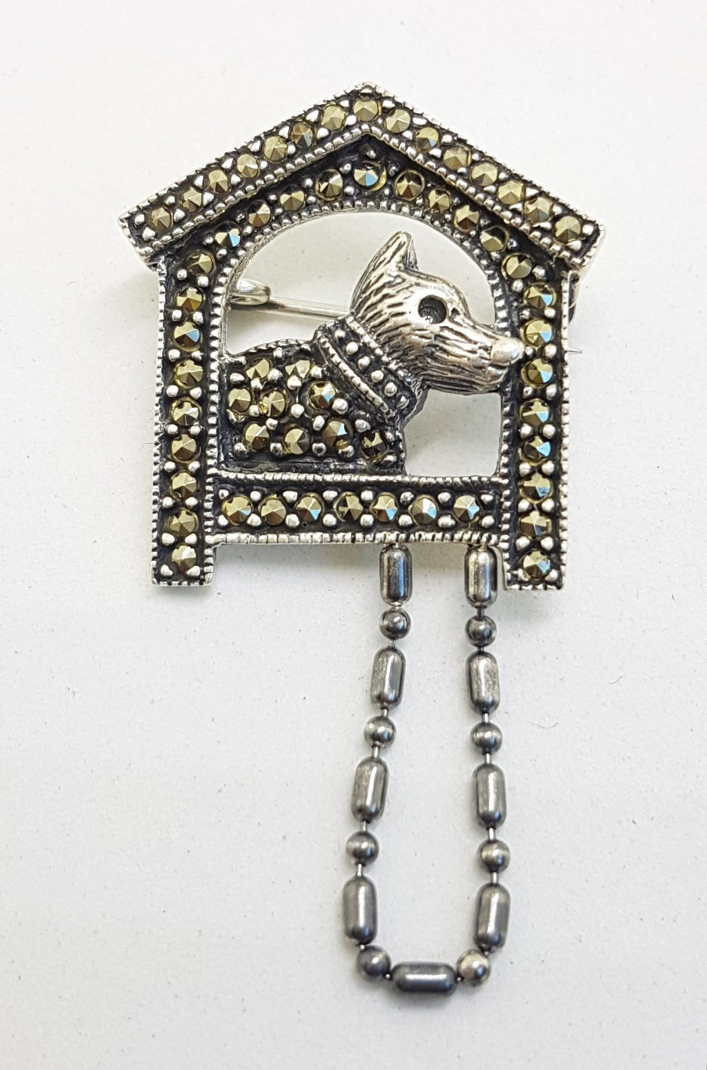 Sterling Silver Marcasite Dog in Kennel / Dog House Brooch