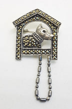 Sterling Silver Marcasite Dog in Kennel / Dog House Brooch