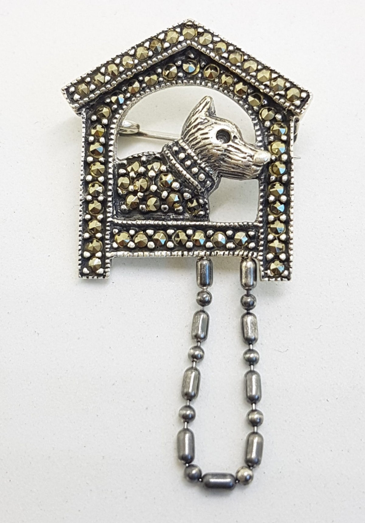 Sterling Silver Marcasite Dog in Kennel / Dog House Brooch