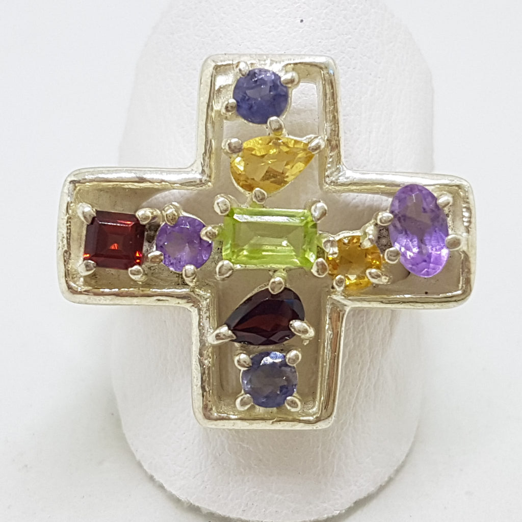Sterling Silver Large Multi-Coloured Gemstones Cross / Crucifix Cluster Ring