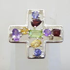 Sterling Silver Large Multi-Coloured Gemstones Cross / Crucifix Cluster Ring