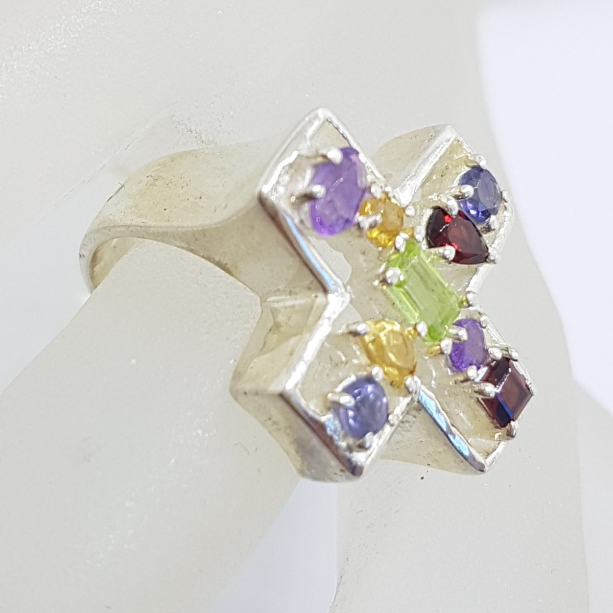 Sterling Silver Large Multi-Coloured Gemstones Cross / Crucifix Cluster Ring