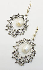 Sterling Silver Marcasite Pearl Large Ornate Drop Earrings