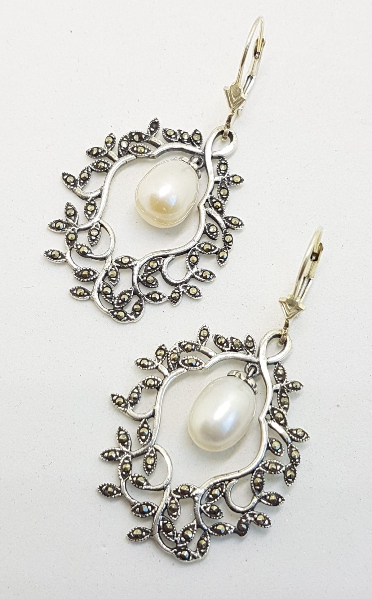 Sterling Silver Marcasite Pearl Large Ornate Drop Earrings