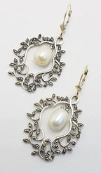 Sterling Silver Marcasite Pearl Large Ornate Drop Earrings