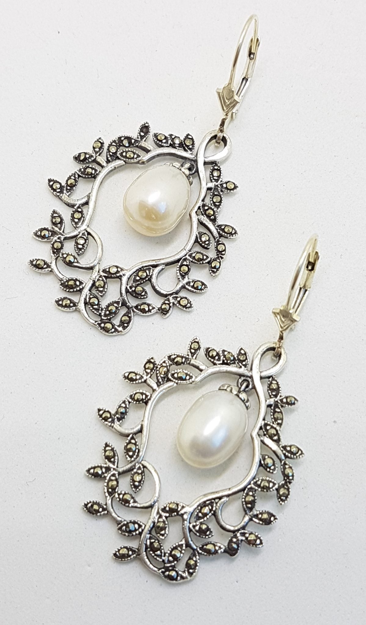 Sterling Silver Marcasite Pearl Large Ornate Drop Earrings