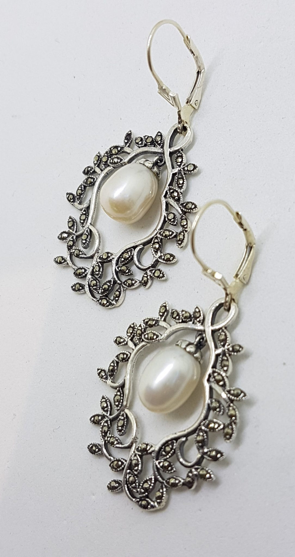 Sterling Silver Marcasite Pearl Large Ornate Drop Earrings