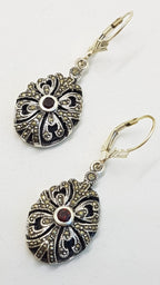 Sterling Silver Marcasite, Onyx and Garnet Ornate Oval Drop Earrings