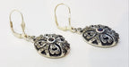 Sterling Silver Marcasite, Onyx and Garnet Ornate Oval Drop Earrings