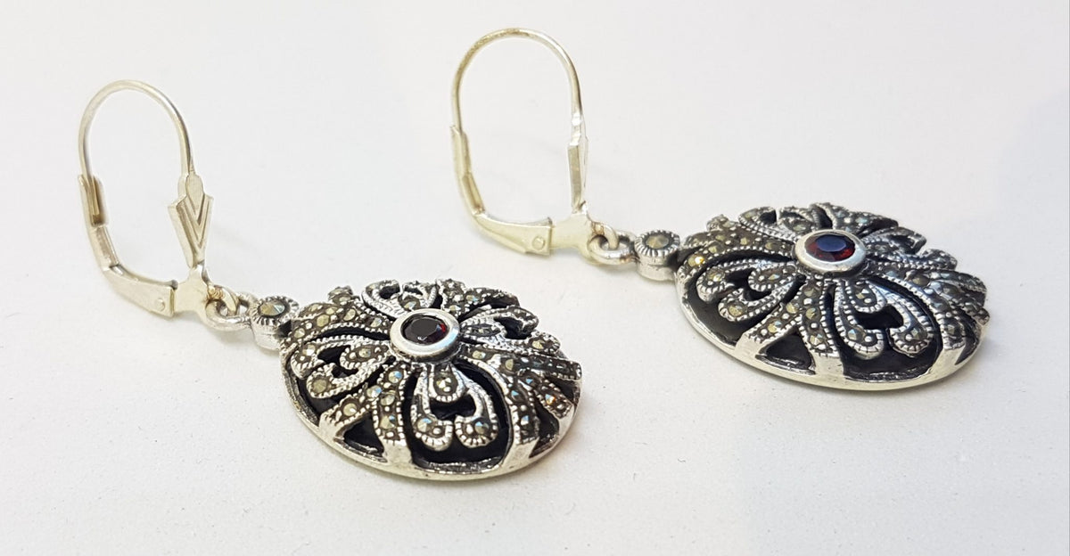 Sterling Silver Marcasite, Onyx and Garnet Ornate Oval Drop Earrings